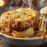 Create a high-resolution Pinterest pin image (1000x1500) of the prepared dish for the recipe " Onion Soup ". Show a close-up of the final dish, beautifully styled, vibrant, and appetizing, with soft natural lighting and realistic textures. Do NOT include any text, title, logo, watermark, or background clutter. Keep the composition clean, minimalistic, and visually striking.