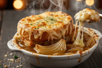 Create a high-resolution Pinterest pin image (1000x1500) of the prepared dish for the recipe " Onion Soup ". Show a close-up of the final dish, beautifully styled, vibrant, and appetizing, with soft natural lighting and realistic textures. Do NOT include any text, title, logo, watermark, or background clutter. Keep the composition clean, minimalistic, and visually striking.