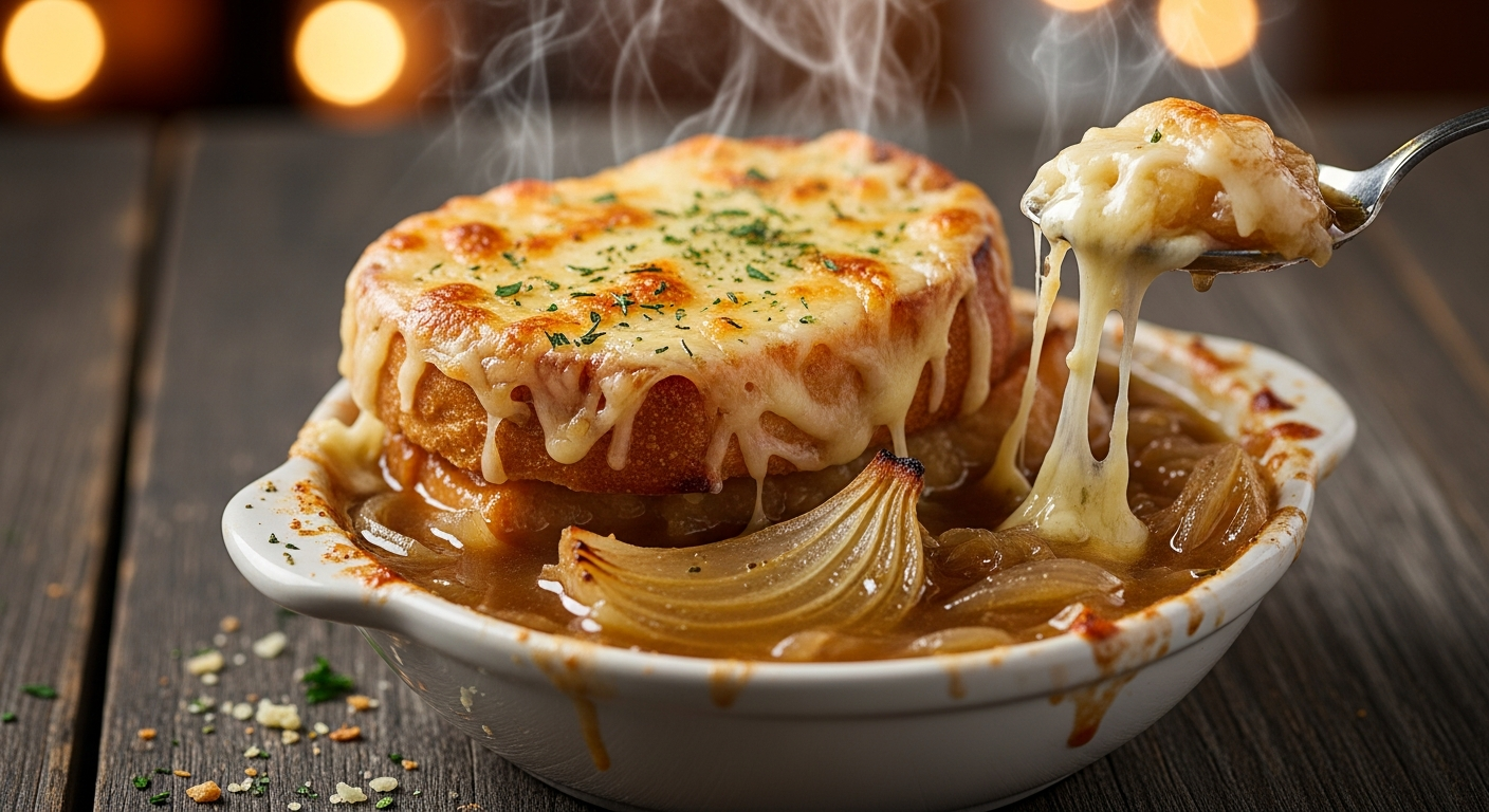 Create a high-resolution Pinterest pin image (1000x1500) of the prepared dish for the recipe " Onion Soup ". Show a close-up of the final dish, beautifully styled, vibrant, and appetizing, with soft natural lighting and realistic textures. Do NOT include any text, title, logo, watermark, or background clutter. Keep the composition clean, minimalistic, and visually striking.