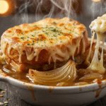 Create a high-resolution Pinterest pin image (1000x1500) of the prepared dish for the recipe " Onion Soup ". Show a close-up of the final dish, beautifully styled, vibrant, and appetizing, with soft natural lighting and realistic textures. Do NOT include any text, title, logo, watermark, or background clutter. Keep the composition clean, minimalistic, and visually striking.