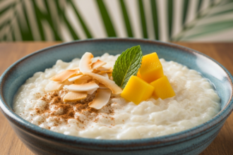 Create a high-quality Pinterest pin image (1000x1500) for the recipe " Coconut Milk Rice Pudding ". Show a beautifully styled close-up of the dish, vibrant and realistic. Add the recipe title " Coconut Milk Rice Pudding ” in large, elegant, and readable typography, and include the website name "[easyrecipz.com]" in smaller, discreet text at the bottom. Use harmonious colors that match a premium Food brand style. Keep the design clean, modern, and professional.