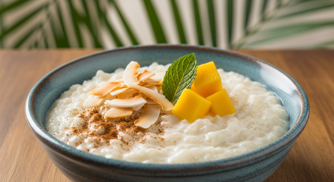 Create a high-quality Pinterest pin image (1000x1500) for the recipe " Coconut Milk Rice Pudding ". Show a beautifully styled close-up of the dish, vibrant and realistic. Add the recipe title " Coconut Milk Rice Pudding ” in large, elegant, and readable typography, and include the website name "[easyrecipz.com]" in smaller, discreet text at the bottom. Use harmonious colors that match a premium Food brand style. Keep the design clean, modern, and professional.