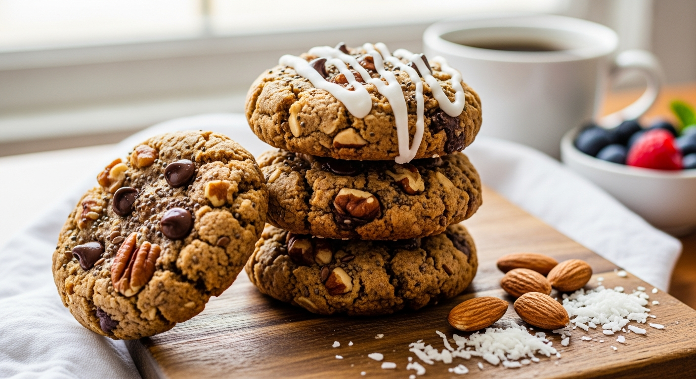 Create a vertical Pinterest pin image (1000x1500) for the recipe " Keto Breakfast Cookies ". Show a close-up of the prepared dish, vibrant and appetizing, with realistic textures and natural lighting. Add the recipe title " Keto Breakfast Cookies " in elegant, clean, and large typography at the top or center. Use a readable, modern font, and make sure the text stands out clearly. Do NOT include any logo or website name. Keep the design simple, professional, and eye-catching.