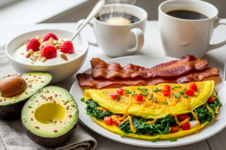 Create a high-quality Pinterest pin image (1000x1500) for the recipe " Keto Breakfast ". Show a beautifully styled close-up of the dish, vibrant and realistic. Add the recipe title " Keto Breakfast ” in large, elegant, and readable typography, and include the website name "[easyrecipz.com]" in smaller, discreet text at the bottom. Use harmonious colors that match a premium Food brand style. Keto Breakfast