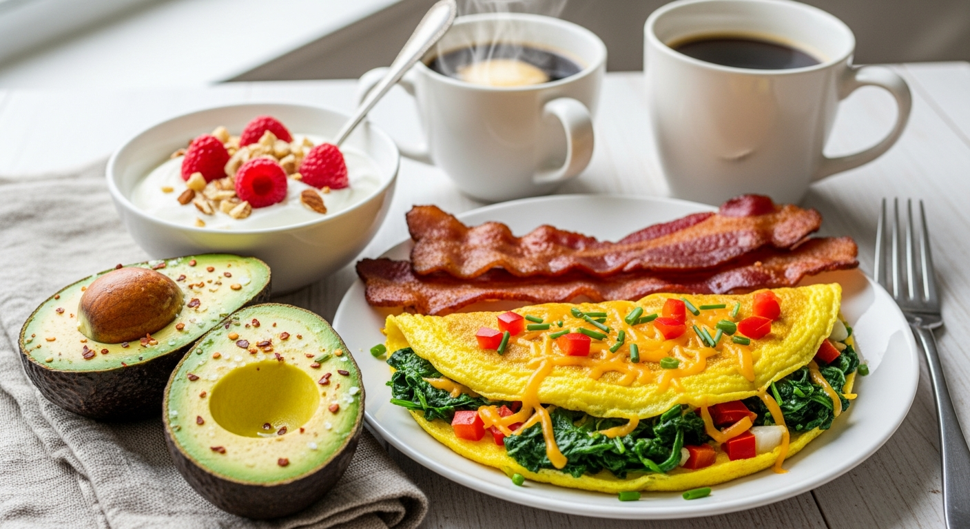 Create a high-quality Pinterest pin image (1000x1500) for the recipe " Keto Breakfast ". Show a beautifully styled close-up of the dish, vibrant and realistic. Add the recipe title " Keto Breakfast ” in large, elegant, and readable typography, and include the website name "[easyrecipz.com]" in smaller, discreet text at the bottom. Use harmonious colors that match a premium Food brand style. Keto Breakfast