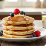 Fluffy Keto Pancakes: A Low-Carb Morning Delight Recipe Show a beautifully styled close-up of the dish, vibrant and realistic. Add the recipe title " Keto Pancakes ” in large, elegant, and readable typography, and include the website name "[easyrecipz.com]" in smaller, discreet text at the bottom. Use harmonious colors that match a premium Food brand style. Keep the design clean, modern, and professional.