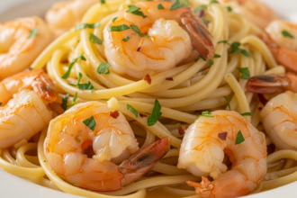 Create a vertical Pinterest pin image (1000x1500) for the recipe " Shrimp Scampi with Pasta ". Show a close-up of the prepared dish, vibrant and appetizing, with realistic textures and natural lighting. Add the recipe title " Shrimp Scampi with Pasta " in elegant, clean, and large typography at the top or center. Use a readable, modern font, and make sure the text stands out clearly. Do NOT include any logo or website name. Keep the design simple, professional, and eye-catching.