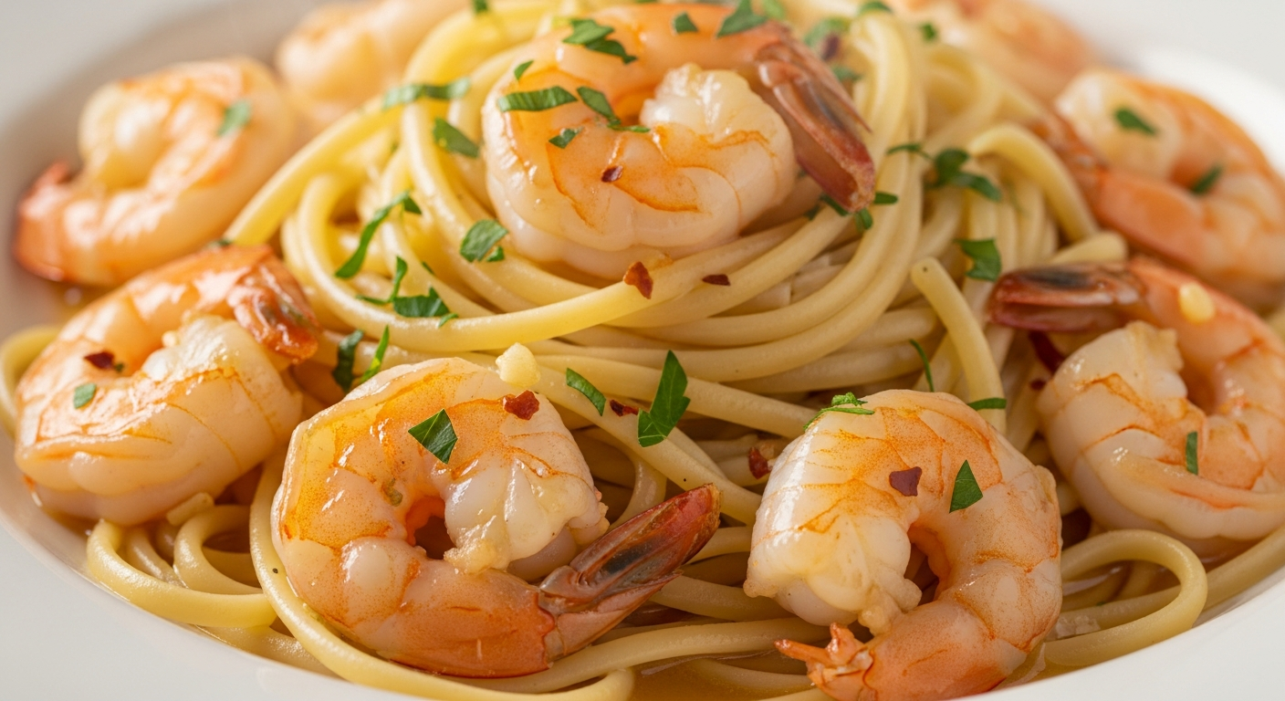 Create a vertical Pinterest pin image (1000x1500) for the recipe " Shrimp Scampi with Pasta ". Show a close-up of the prepared dish, vibrant and appetizing, with realistic textures and natural lighting. Add the recipe title " Shrimp Scampi with Pasta " in elegant, clean, and large typography at the top or center. Use a readable, modern font, and make sure the text stands out clearly. Do NOT include any logo or website name. Keep the design simple, professional, and eye-catching.