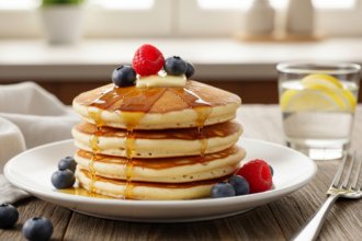 Fluffy Keto Pancakes: A Low-Carb Morning Delight Recipe Show a beautifully styled close-up of the dish, vibrant and realistic. Add the recipe title " Keto Pancakes ” in large, elegant, and readable typography, and include the website name "[easyrecipz.com]" in smaller, discreet text at the bottom. Use harmonious colors that match a premium Food brand style. Keep the design clean, modern, and professional.