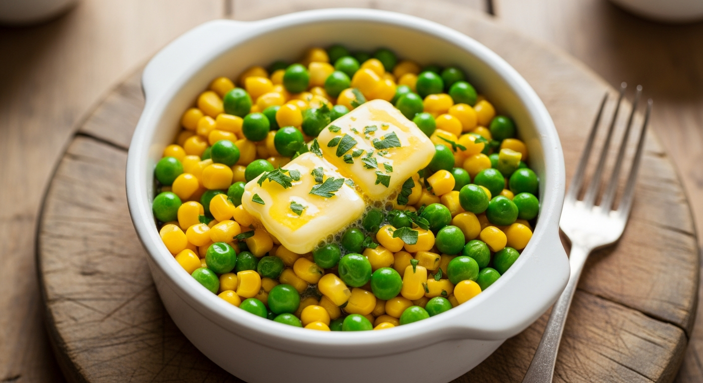 Golden Harmony: The Classic Charm of Buttered Corn & Peas

