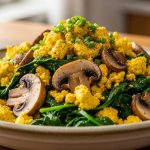 Wholesome Tofu Scramble with Spinach and Mushrooms Delight.