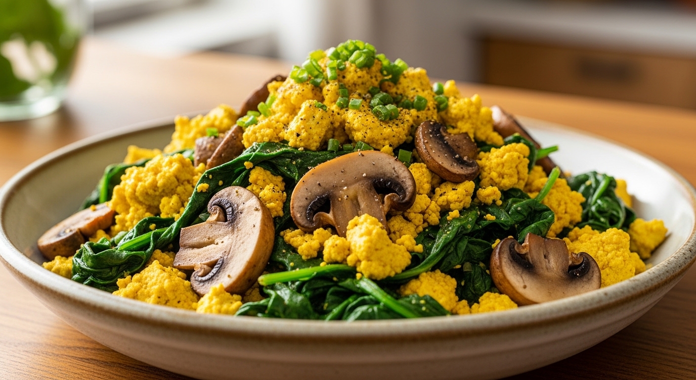 Wholesome Tofu Scramble with Spinach and Mushrooms Delight.
