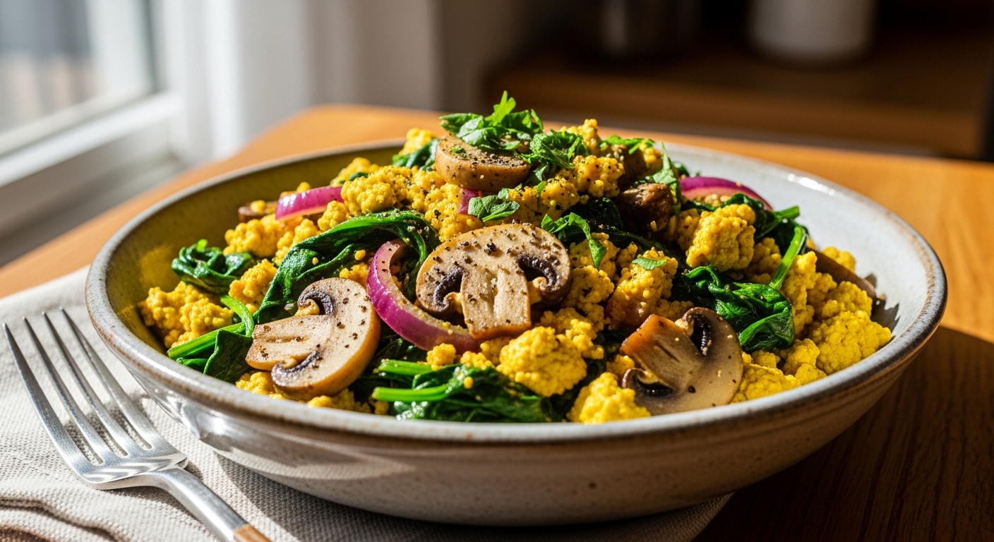 Wholesome Tofu Scramble with Spinach and Mushrooms Delight.