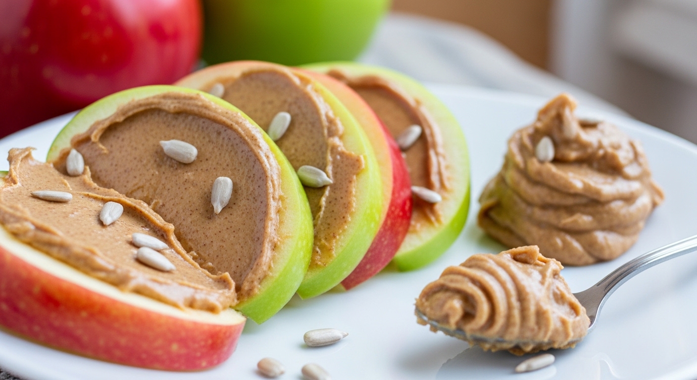 Crunchy Apple Slices Paired with Creamy Sunflower Butter Delight
