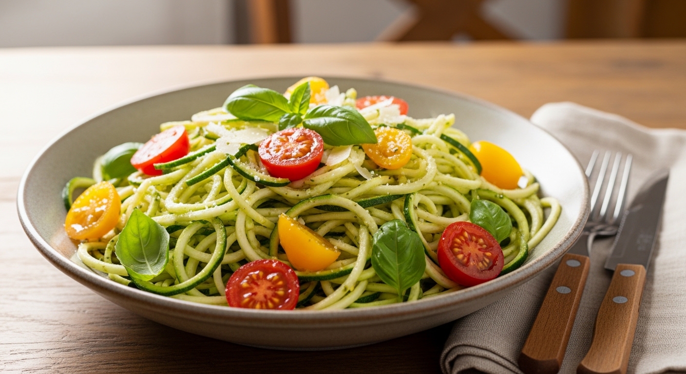 Zucchini Noodles with Pesto & Roasted Tomatoes Delight