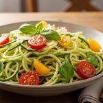Zucchini Noodles with Pesto & Roasted Tomatoes Delight