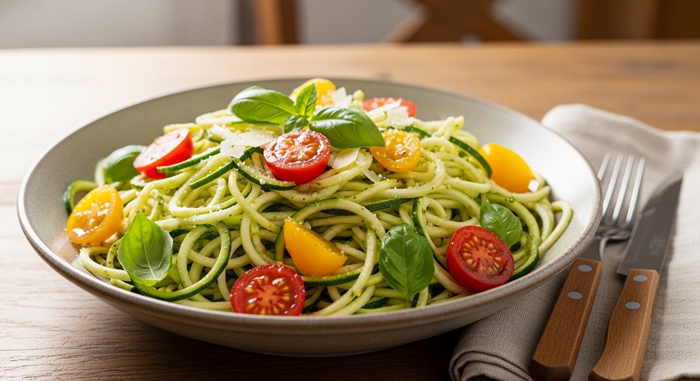Zucchini Noodles with Pesto & Roasted Tomatoes Delight
